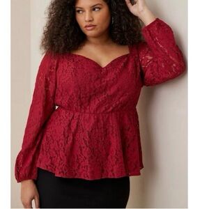 torrid Red Lace Peplum Long Sleeve Sweetheart Blouse
